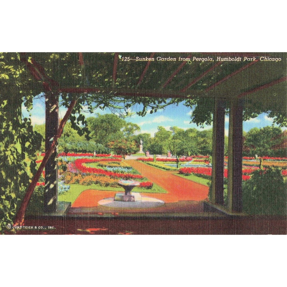 Vintage Humboldt Park Chicago Sunken Garden Pergola Linen Postcard Curt Teich - Picture 1 of 2